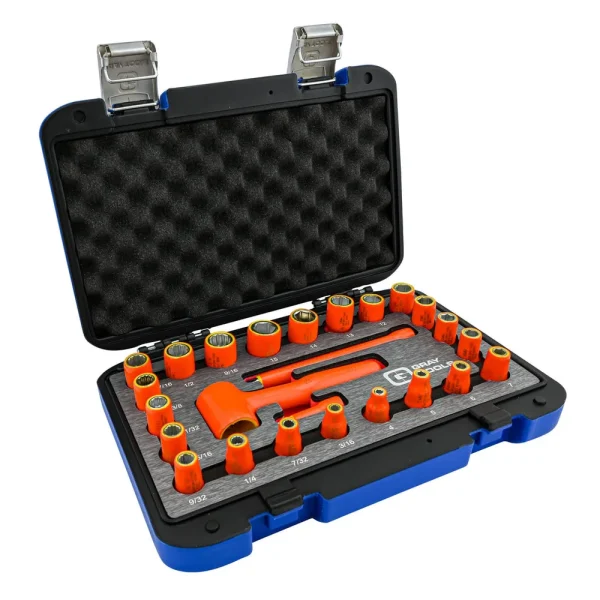 25 Piece 1/4″ Drive 6 & 12 Point SAE and Metric, Standard Socket and Attachments Set, 1000V Insulated