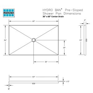Laticrete Hydro Ban Pre-sloped Shower Pan | 36″ x 60″ Center PVC Drain - view 2