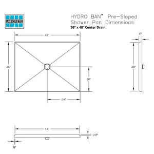 Laticrete Hydro Ban Pre-sloped Shower Pan | 36″ x 60″ Center PVC Drain - view 3
