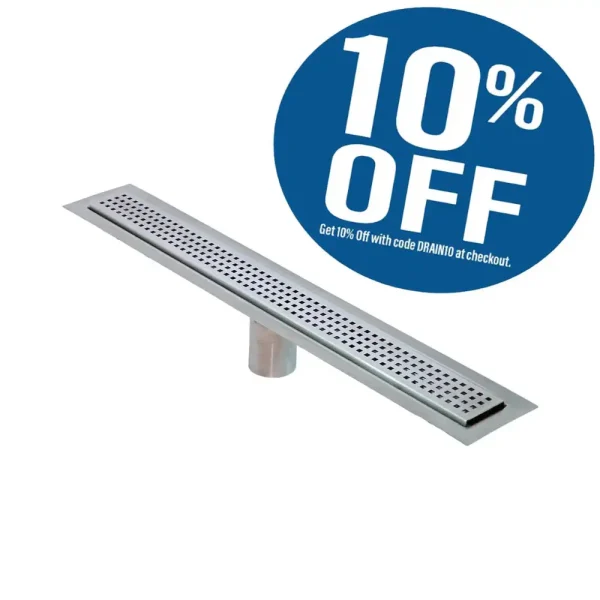Drains Unlimited Linear Floor Drains – Brushed Stainless Steel | 29″ / Brushed Stainless Steel / Square Perforated Grate
