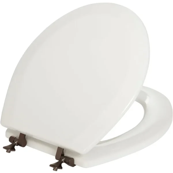 Mayfair Round White Wood Toilet Seat with Oil Rubbed Bronze Hinges