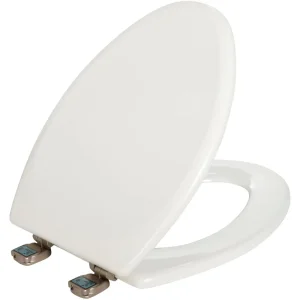 Mayfair Molded White Wood Toilet Seat with Brushed Nickel Hinges