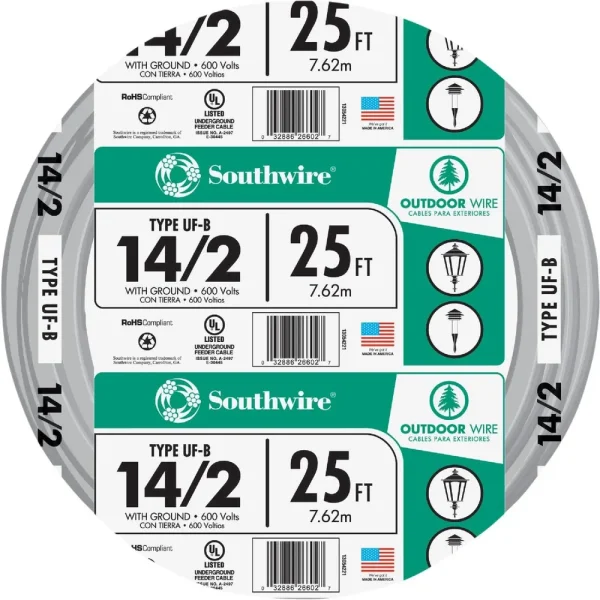 Southwire 25′ 14 AWG 2-Conductor UFW/G Wire