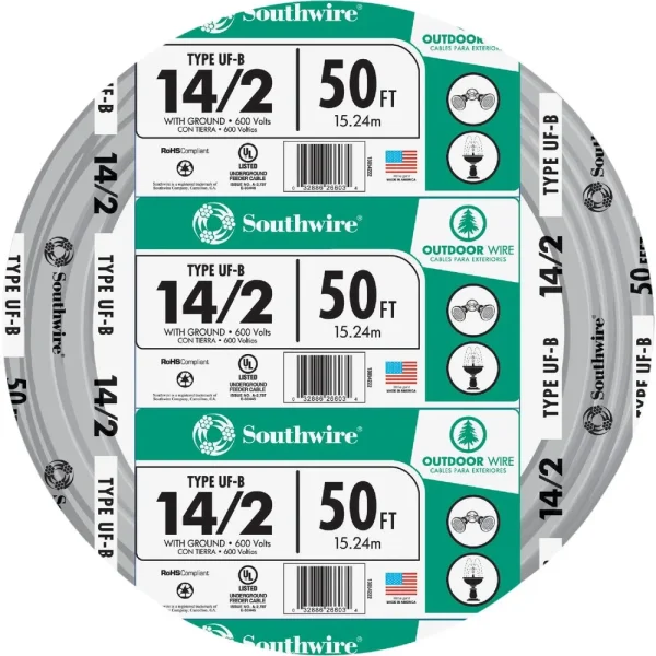Southwire 50′ 14 AWG 2-Conductor UFW/G Wire