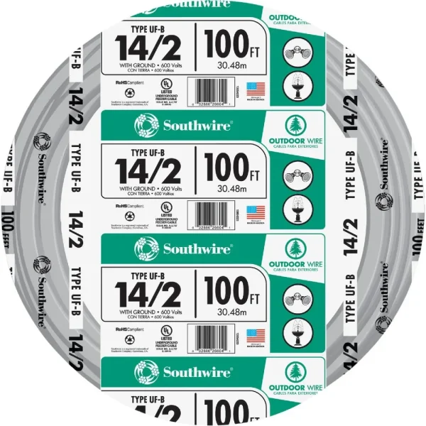 Southwire 100′ 14 AWG 2-Conductor UFW/G Wire