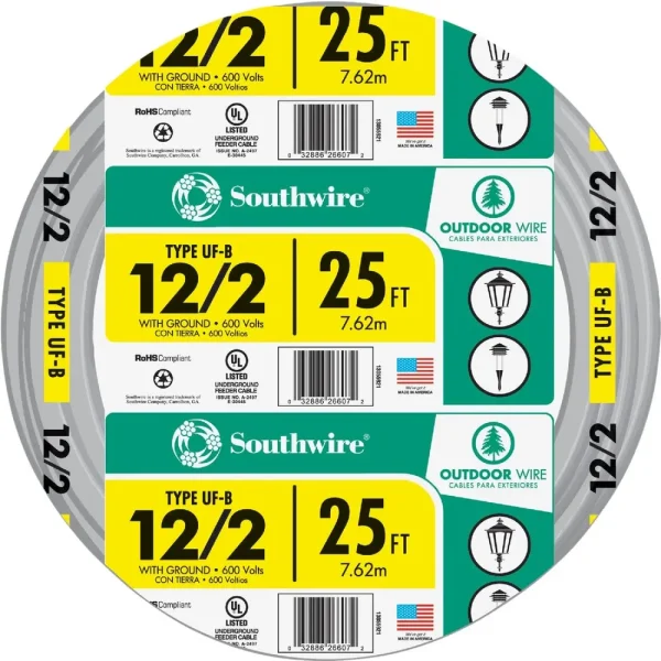 Southwire 25′ 12 AWG 2-Conductor UFW/G Wire