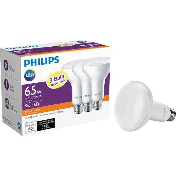 Philips BR30 LED Medium Soft White Floodlight Light Bulb, 3-Pack