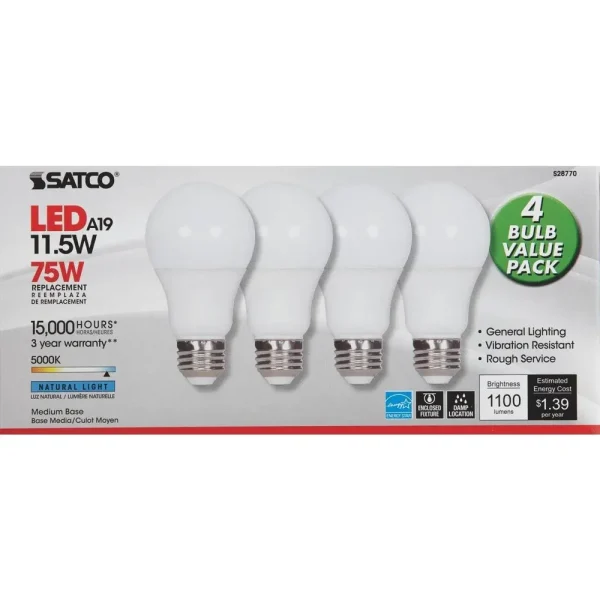 Satco 11.5 Watt A19 LED 5000K, 4-Pack