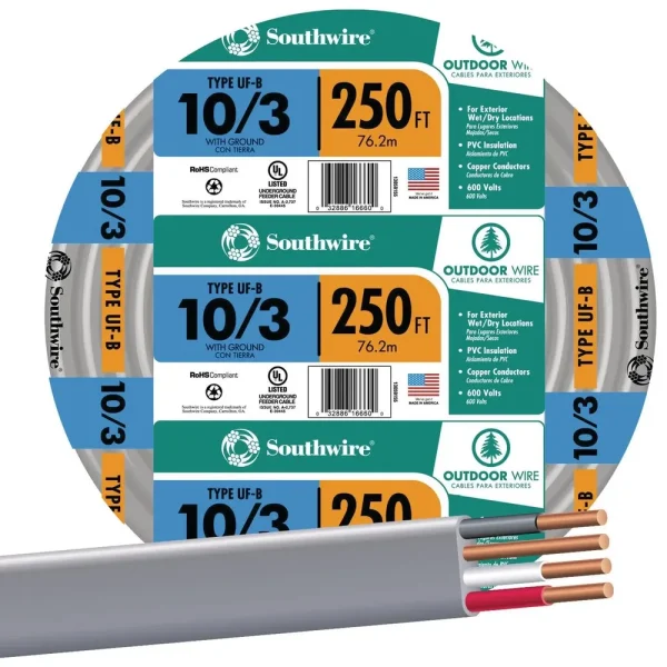 Southwire 250′ 10 AWG 3-Conductor UFW/G Wire