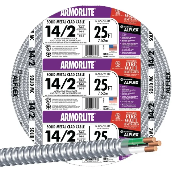 Southwire 25′ 14/2 MC Aluminum Armored Cable