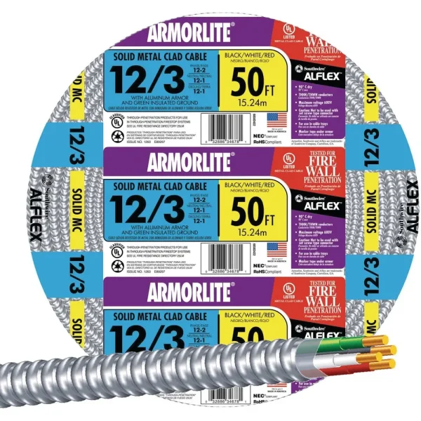 Southwire 50′ 12/3 MC Aluminum Armored Cable
