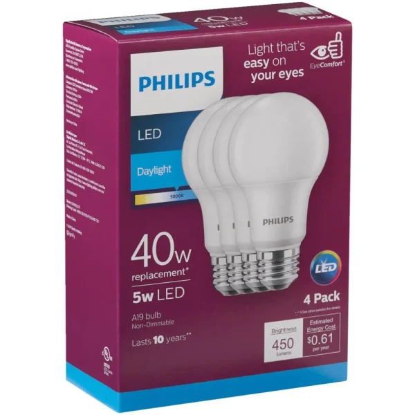 Philips 40 Watt Equivalent Daylight LED Light Bulb, 4-Pack