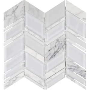 Interceramic White Mosaic Tile Glass Chevron Pattern 11″ x 12″ Sheet