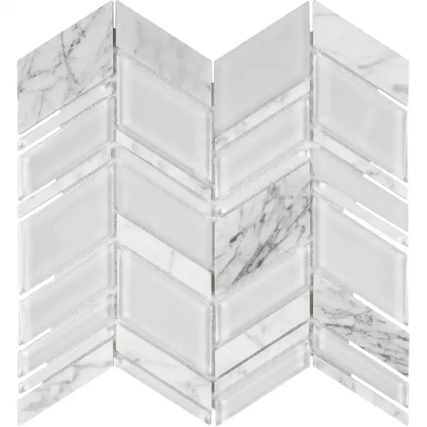Interceramic White Mosaic Tile Glass Chevron Pattern 11″ x 12″ Sheet