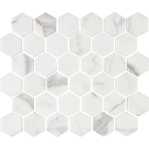 Interceramic Calacatta Gold Marble 2″ x 2″ Hexagon Polished Mosaic 10″ x 12″ Sheet
