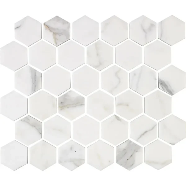 Interceramic Calacatta Gold Marble 2″ x 2″ Hexagon Polished Mosaic 10″ x 12″ Sheet