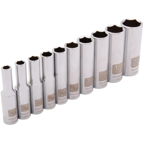1/4″ Drive 10 Piece 6 Point, Deep SAE Socket Set, 3/16″ – 9/16″