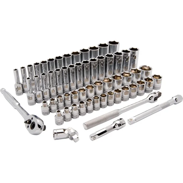 3/8″ Drive 60 Piece 6 Point, Standard/Deep, SAE/Metric Socket Set, 1/4″ – 1 , 6mm – 20mm