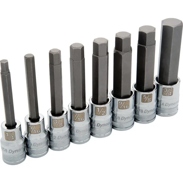 1/2″ Drive 8 Piece Long SAE, Hex Socket Set, 1/4″ – 3/4″