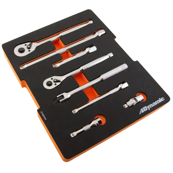9 Piece Ratchet, Extension, U-Joint and Flex Handle Set, 3/8” and 1/2” Drive, Includes Foam Tool Organizer