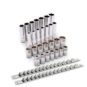 3/8″ Drive Socket Set, 28 Pieces, Standard & Deep Length, 6 Point, Metric, 6mm – 19mm