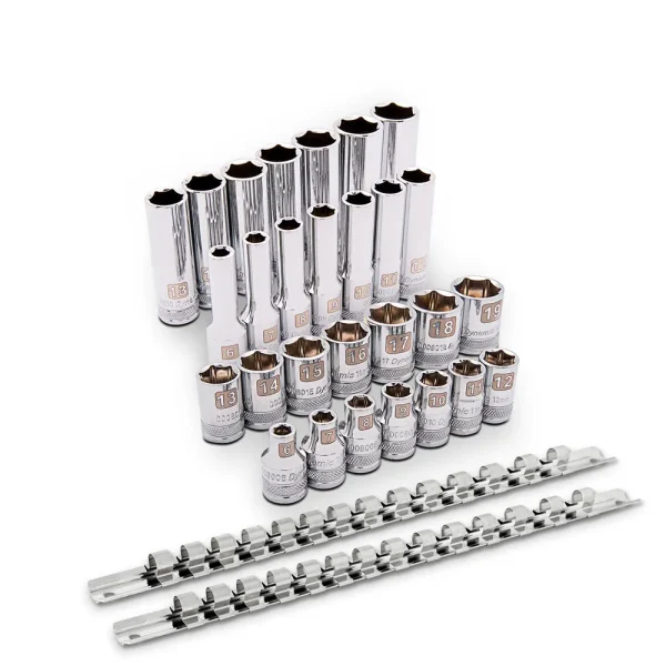 3/8″ Drive Socket Set, 28 Pieces, Standard & Deep Length, 6 Point, Metric, 6mm – 19mm