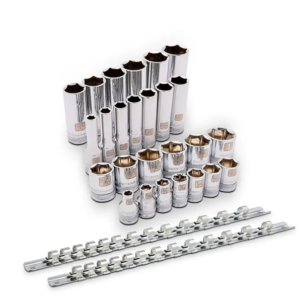 3/8″ Drive Socket Set, 26 Pieces, Standard & Deep Length, 6 Point, SAE, 1/4″ – 1″