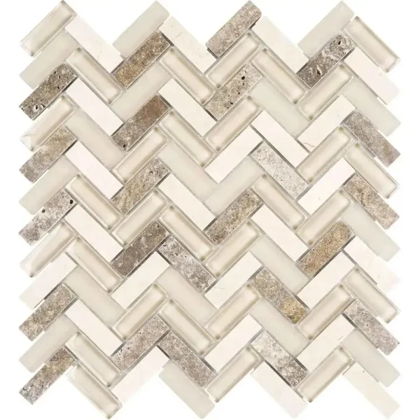 Interceramic Iridescent Glass Beige Herringbone Mosaic Tile