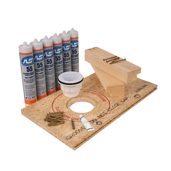 KurbX Wood Substrate Package for Curbless or Curbed Installs with NO Plumbing Access Underneath | 2″ PVC Drain Waste ...