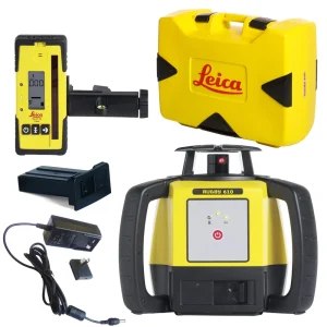 Leica Rugby 610 Red Beam Rotary Laser Package (6008613) with Rod Eye 140 Receiver – Rechargeable