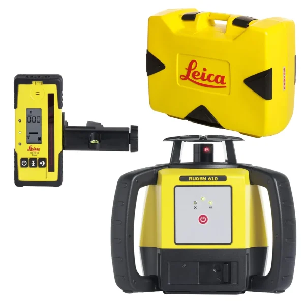 Leica Rugby 610 Red Beam Rotary Laser Package (6008614) with Rod Eye 140 Receiver – Alkaline