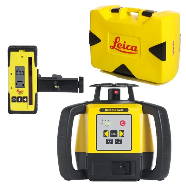 Leica Rugby 640 Red Beam Rotary Laser Package (6005987) with Deluxe RE140 Receiver – Alkaline