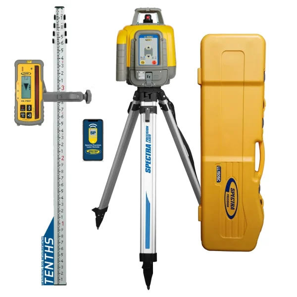 Spectra Precision LL1505C-17 Laser level PRO Package with HL760 Receiver – Rechargeable, TENTHS Rod, Tripod and LARGE...