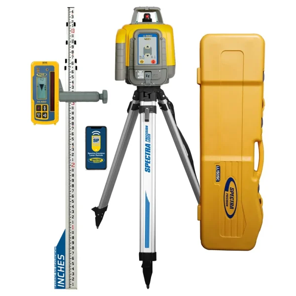 Spectra Precision LL1505C-2 Laser Level Package with HL450 Receiver, Rod INCHES, Tripod and Large Case – Rechargeable