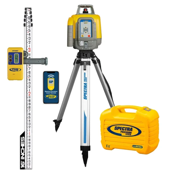 Spectra Precision LL1505C-82 Laser level Package with HR320 Receiver, Inches Rod, Tripod and Small Case – Alkaline Ba...