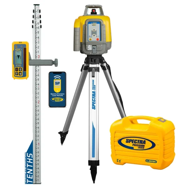 Spectra Precision LL1505C-X1 Laser level Package with HL450 Receiver, TENTHS Rod, Tripod and Small Case – Rechargeable