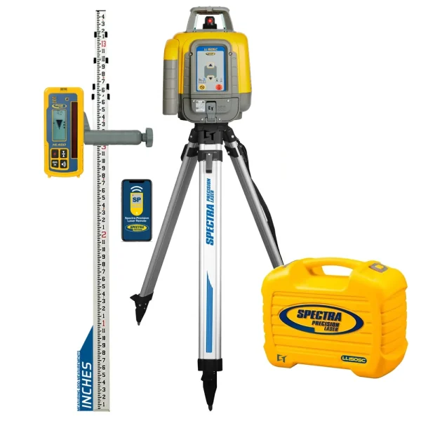 Spectra Precision LL1505C-X2 Laser Level Package with HL450 Receiver, Rod INCHES, Tripod and Small Case – Rechargeable
