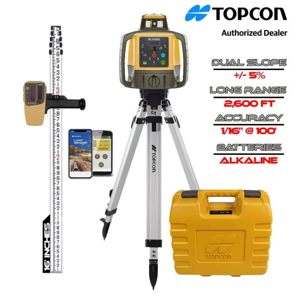 Topcon RL-HV2S Self-Leveling Dual Grade Laser DB Kit with LS-80X Receiver, Inches Rod and Tripod / Alkaline – 1051612...