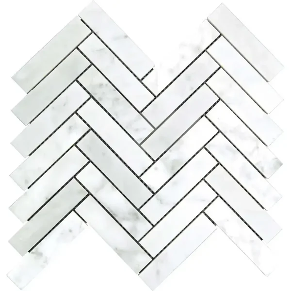 Interceramic White Carrara Marble 1″ x 4″ Herringbone Mosaic Polished 12″ x 10″ Sheet